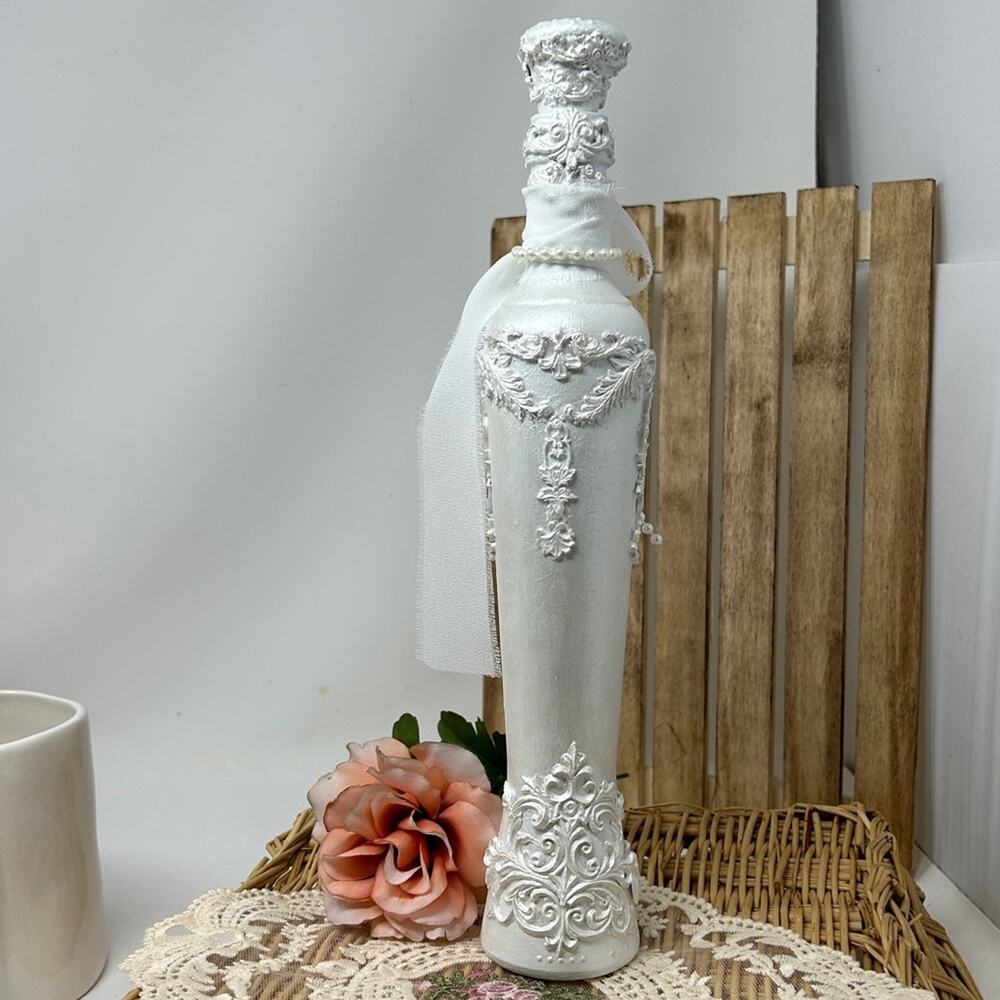 Simple & Elegant White Decorative Hand Crafted Bottle with Bow - Picture 2 of 12